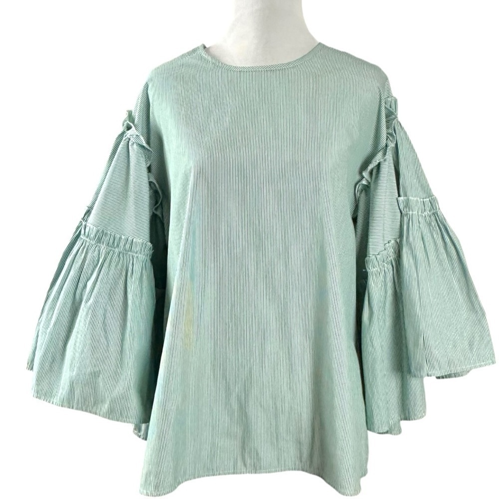 Anthropologie dRA Dramatic Bell Sleeve Striped Preppy Top in Green & White Small